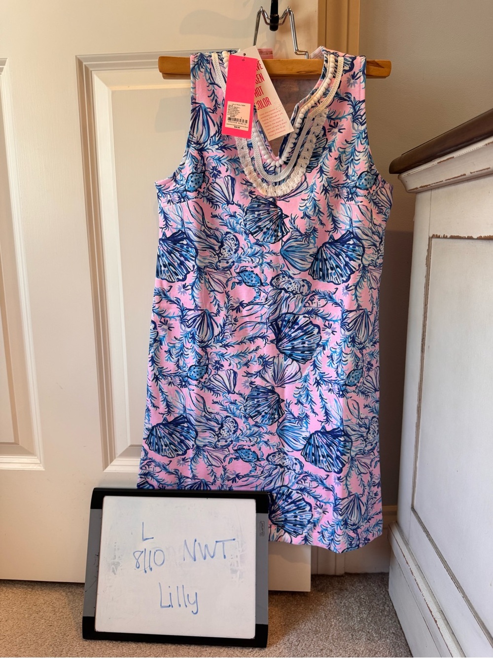 Lilly Pulitzer Pink & Blue Shell-Print Girls  Mini Harper Shift Dress Sz L